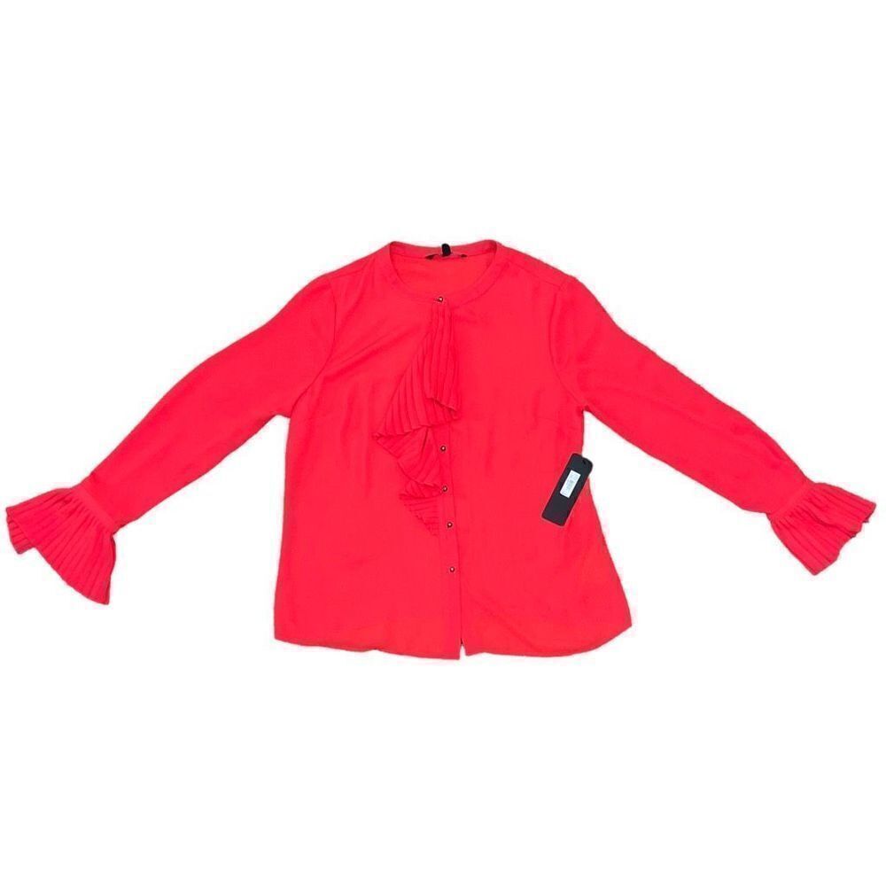 NWT EVA LONGORIA Red Button Down Blouse W/ Bell Sleeves & Bodice Ruffle Size M